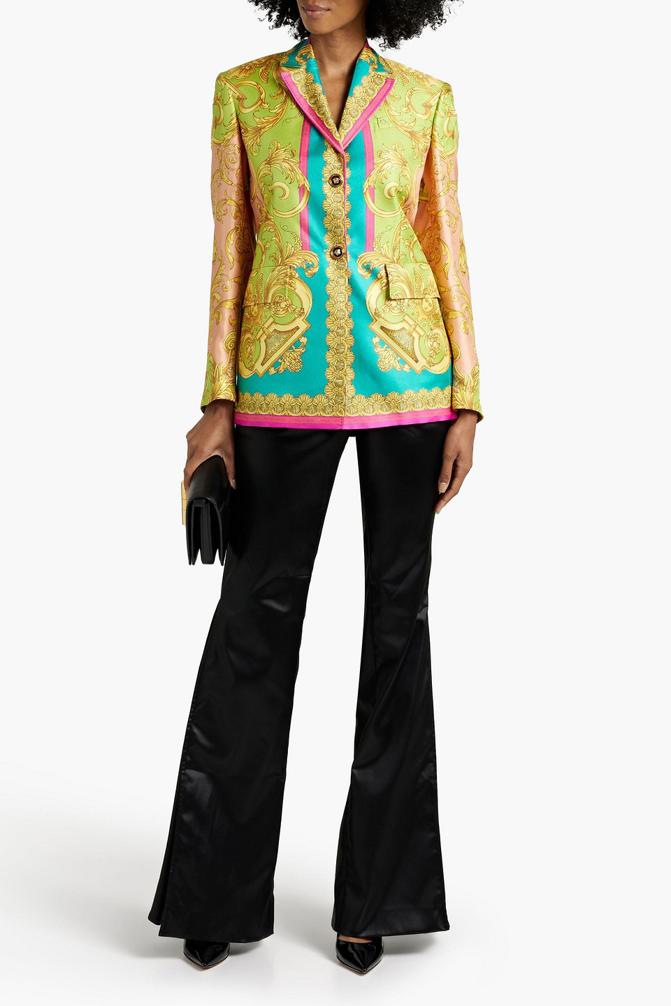 Shop Versace Printed Silk-twill Blazer In Light Green