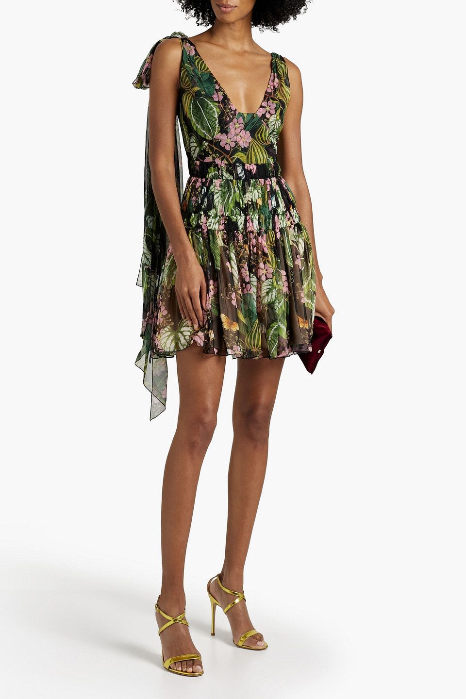 Oscar De La Renta Tiered Printed Silk-chiffon Mini Dress In Forest Green