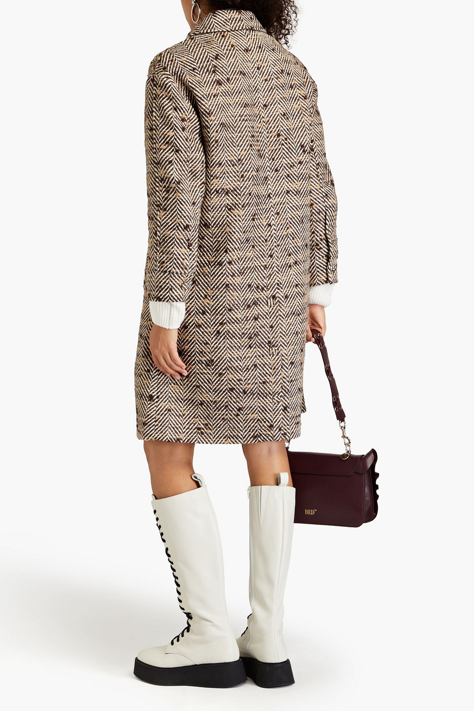 Red Wool-blend Bouclé-tweed Coat In Brown