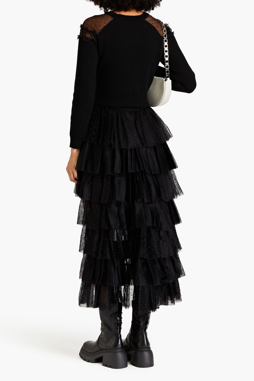 REDVALENTINO 러플 디테일 푸앵 데스프리 & 튤 티어드 미디 스커트