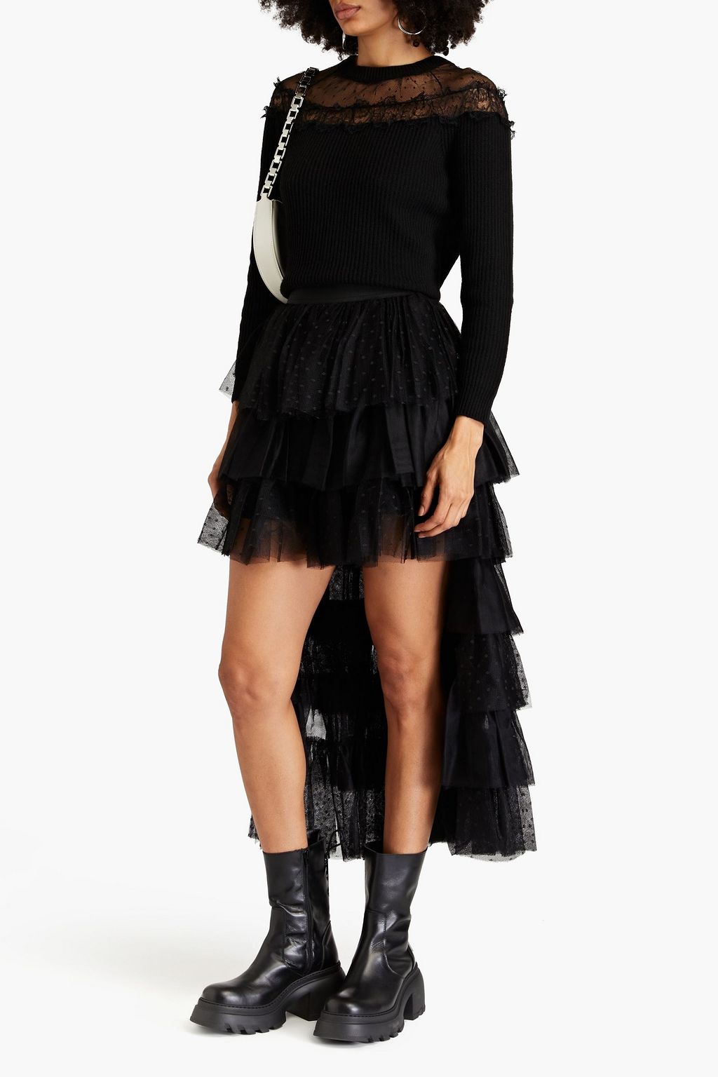 REDVALENTINO 러플 디테일 푸앵 데스프리 & 튤 티어드 미디 스커트