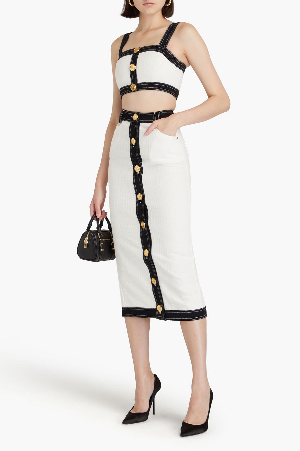 BALMAIN بلوزة قصيرة مصنوعة من قطن جاكار بتصميم مزركش