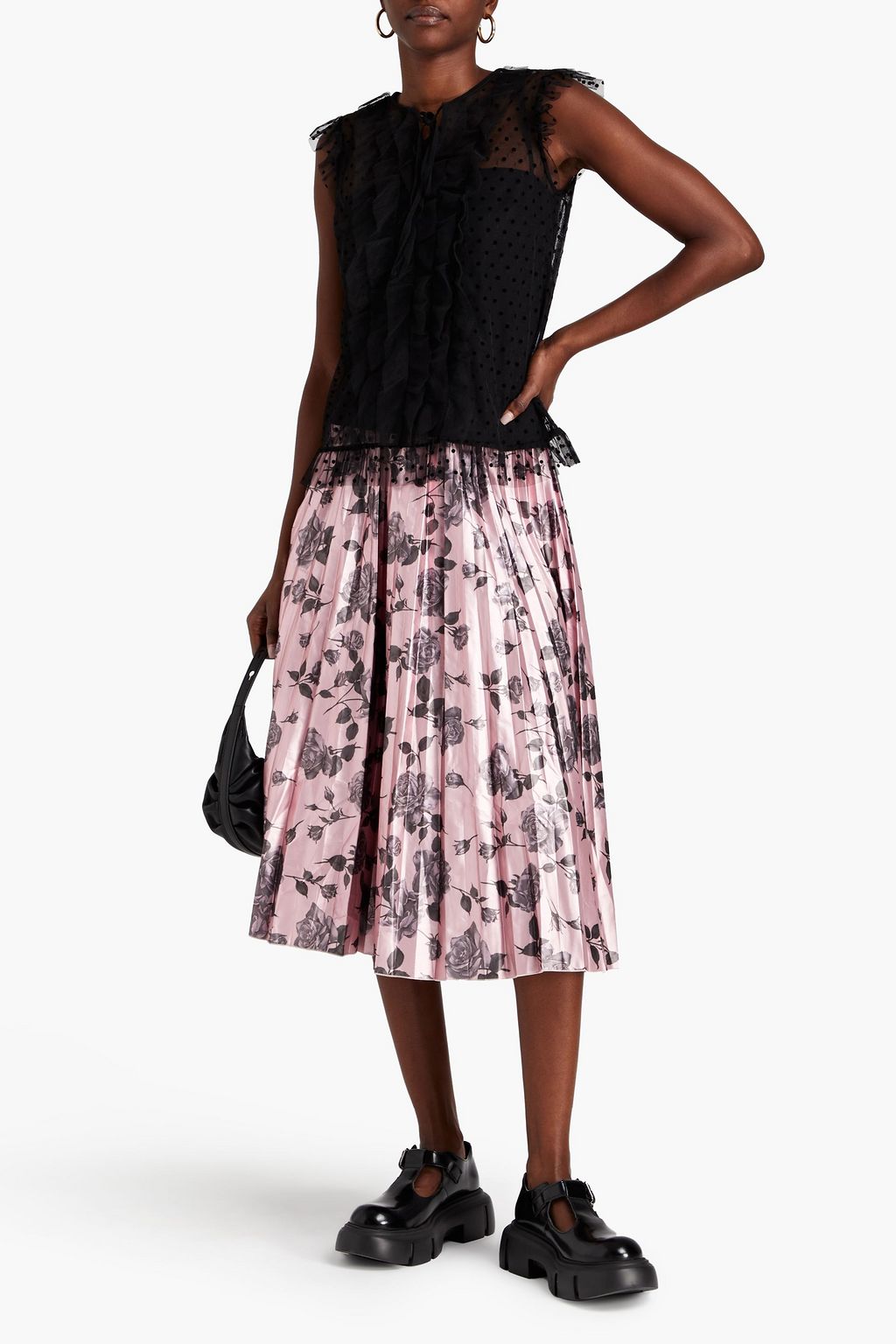 REDVALENTINO Pleated floral-print lamé midi skirt