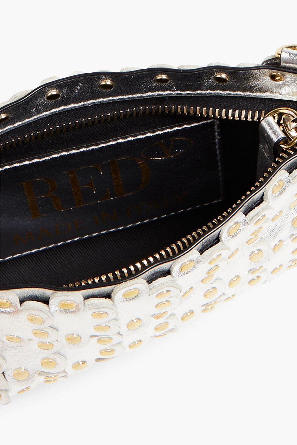 RED(V) Flower Puzzle studded laser-cut metallic leather shoulder bag