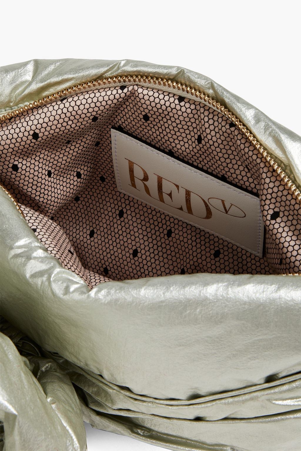 RED(V) Bow-embellished coated metallic shell clutch