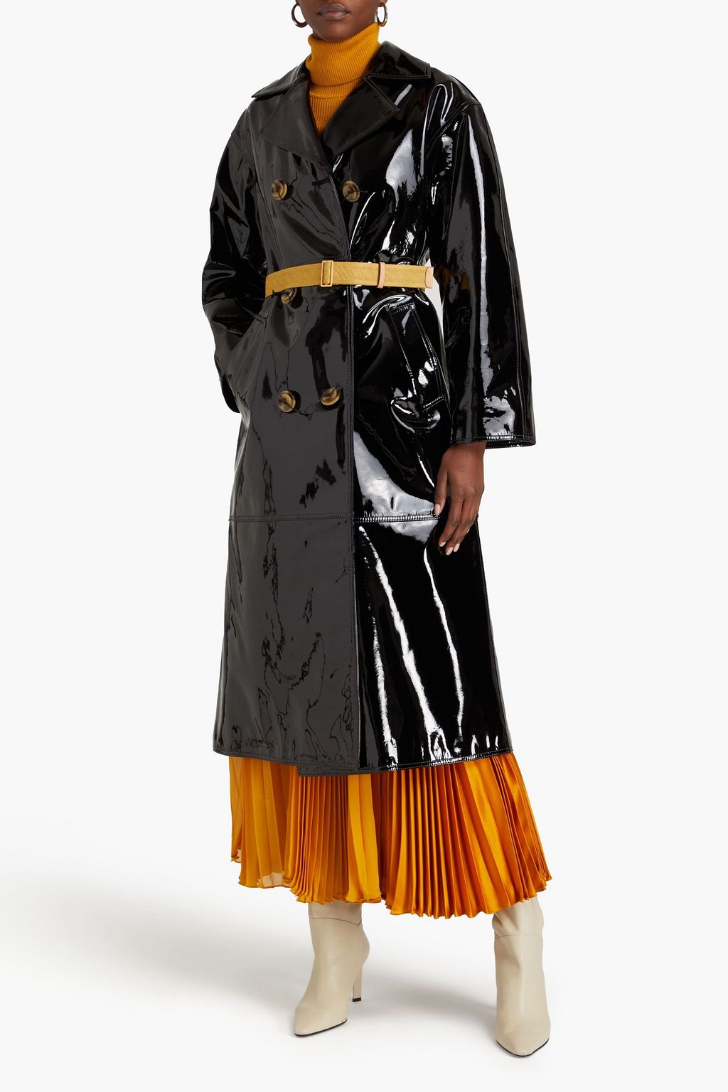 TORY BURCH 더블 브레스티드 페이턴트 가죽 코트
