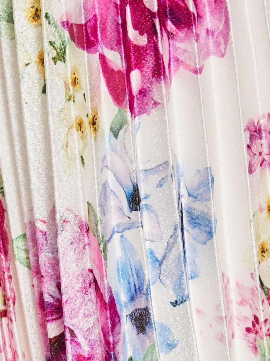 strapless pleated floral-print hammered-satin maxi dress