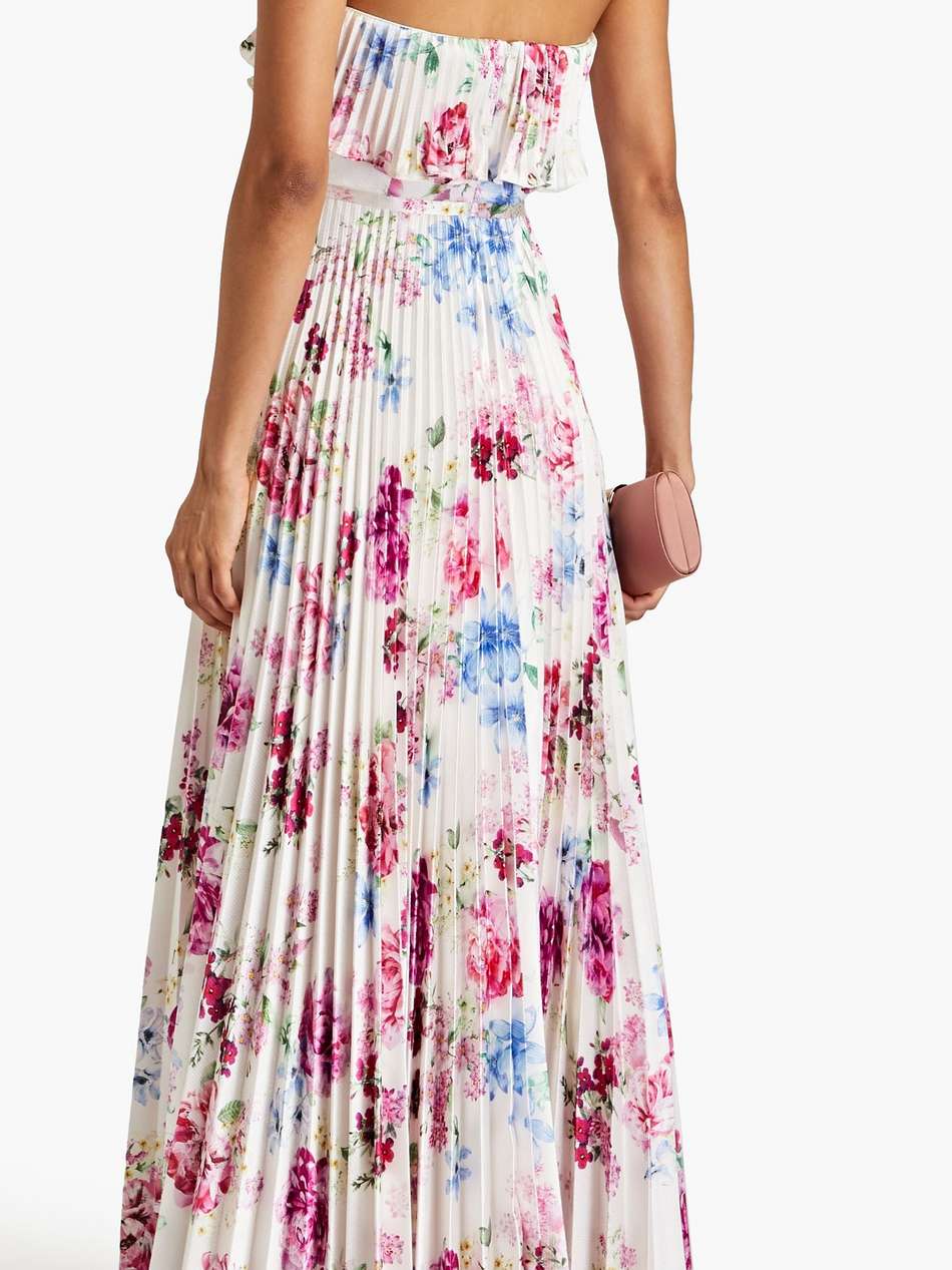 strapless pleated floral-print hammered-satin maxi dress