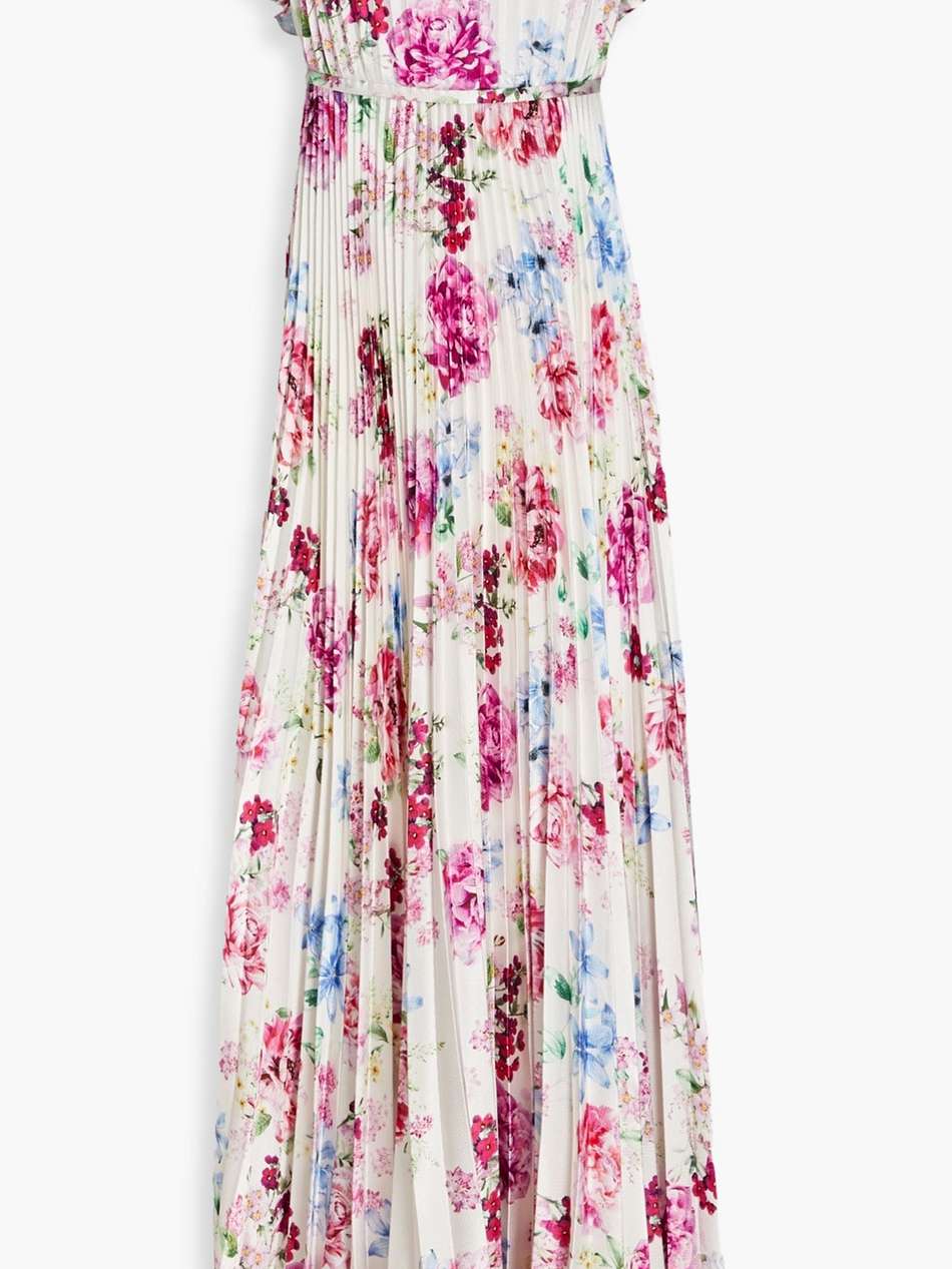 strapless pleated floral-print hammered-satin maxi dress