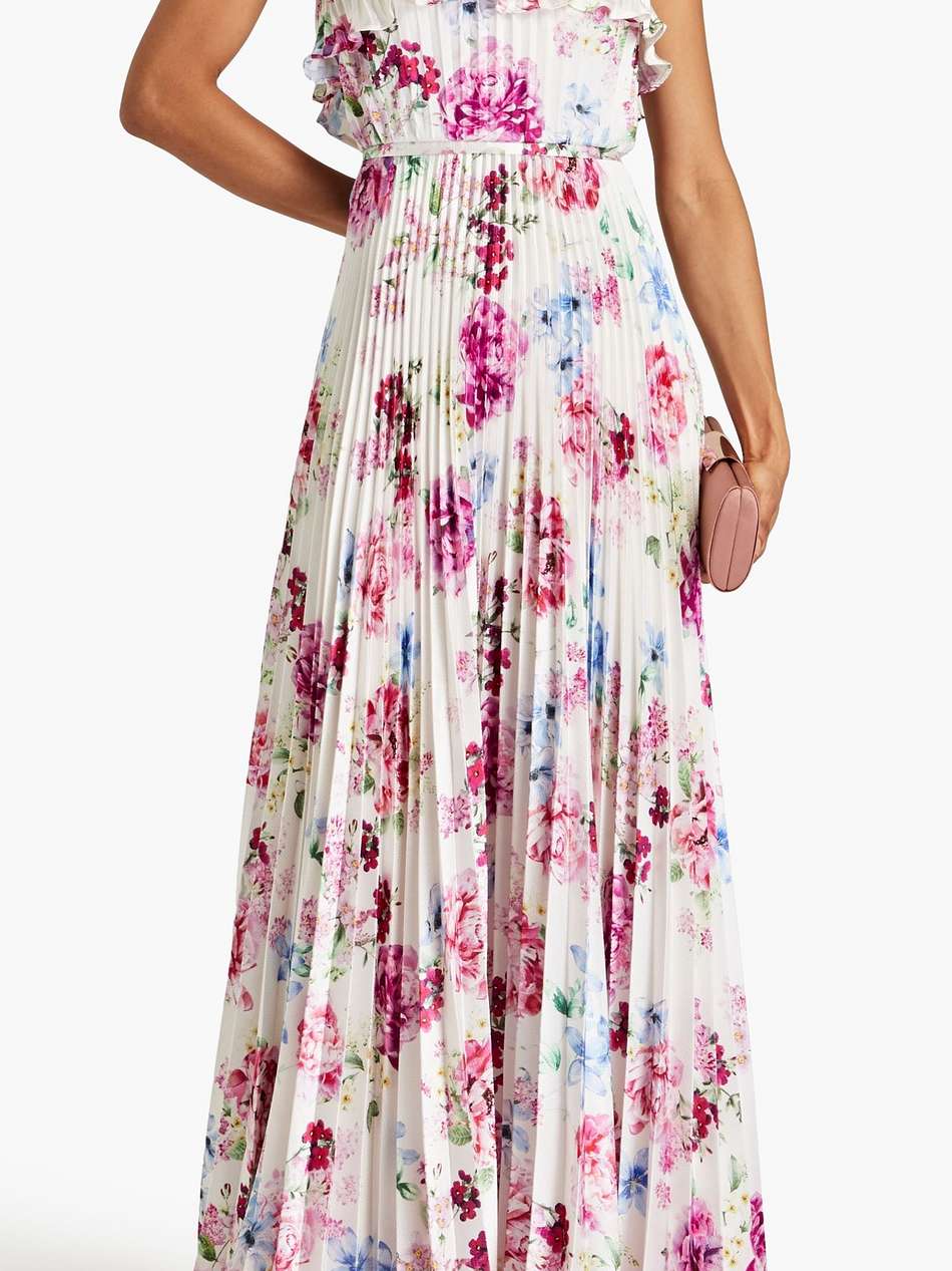 strapless pleated floral-print hammered-satin maxi dress