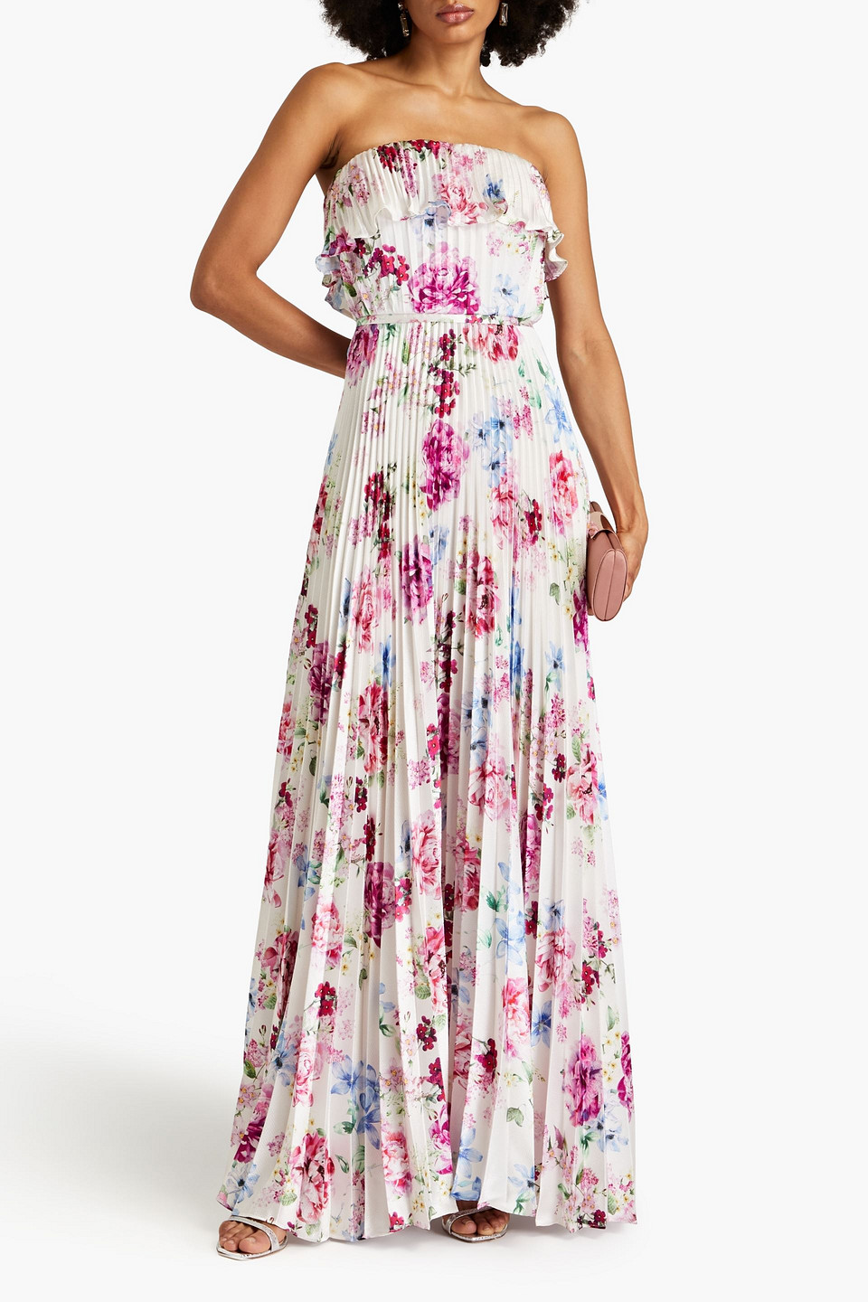 ML Monique Lhuillier Strapless pleated floral-print hammered-satin maxi dress | Smart Closet ML Monique Lhuillier Strapless pleated floral-print hammered-satin maxi dress | Smart Closet