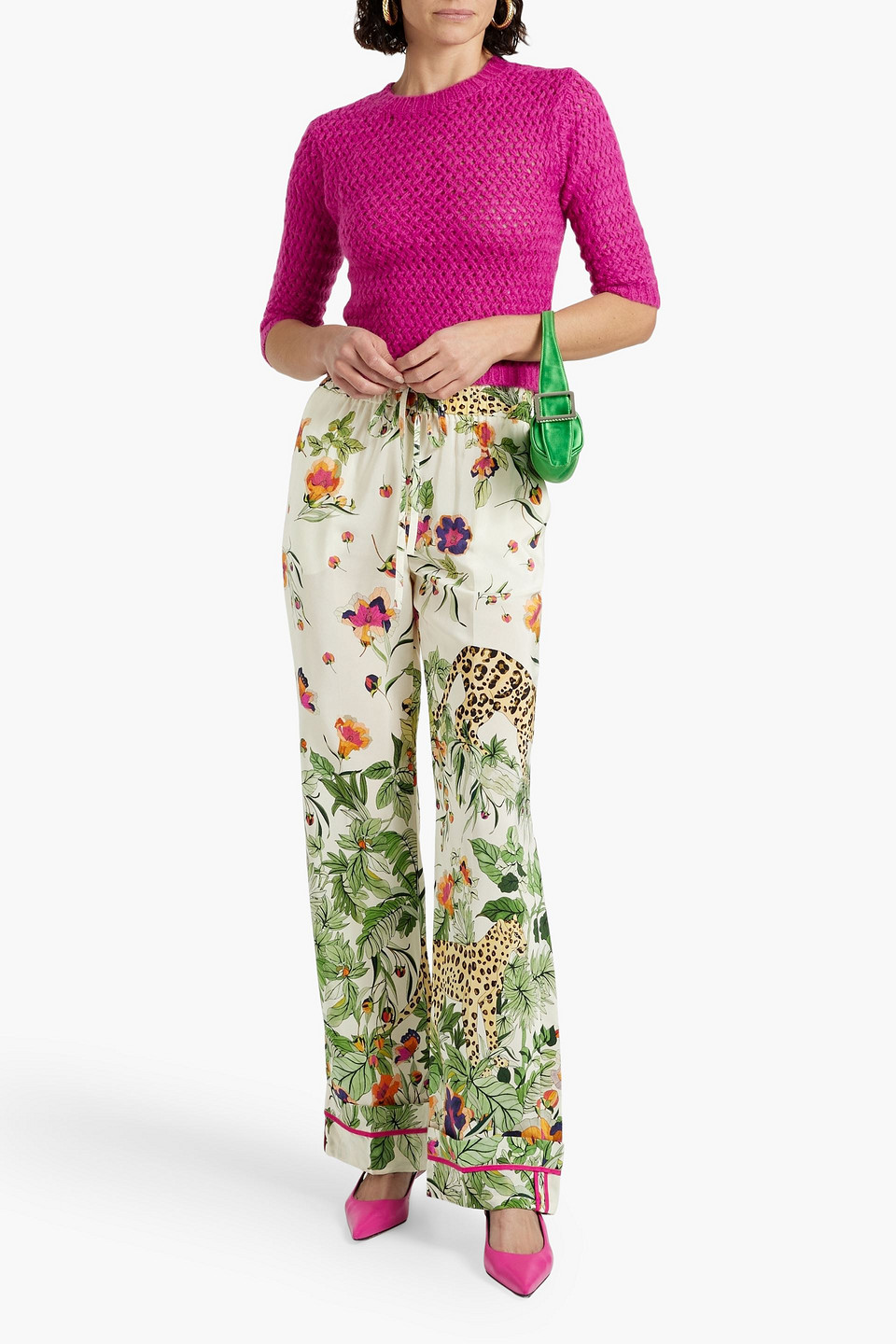 Shop Red Valentino Printed Silk Wide-leg Pants In Cream