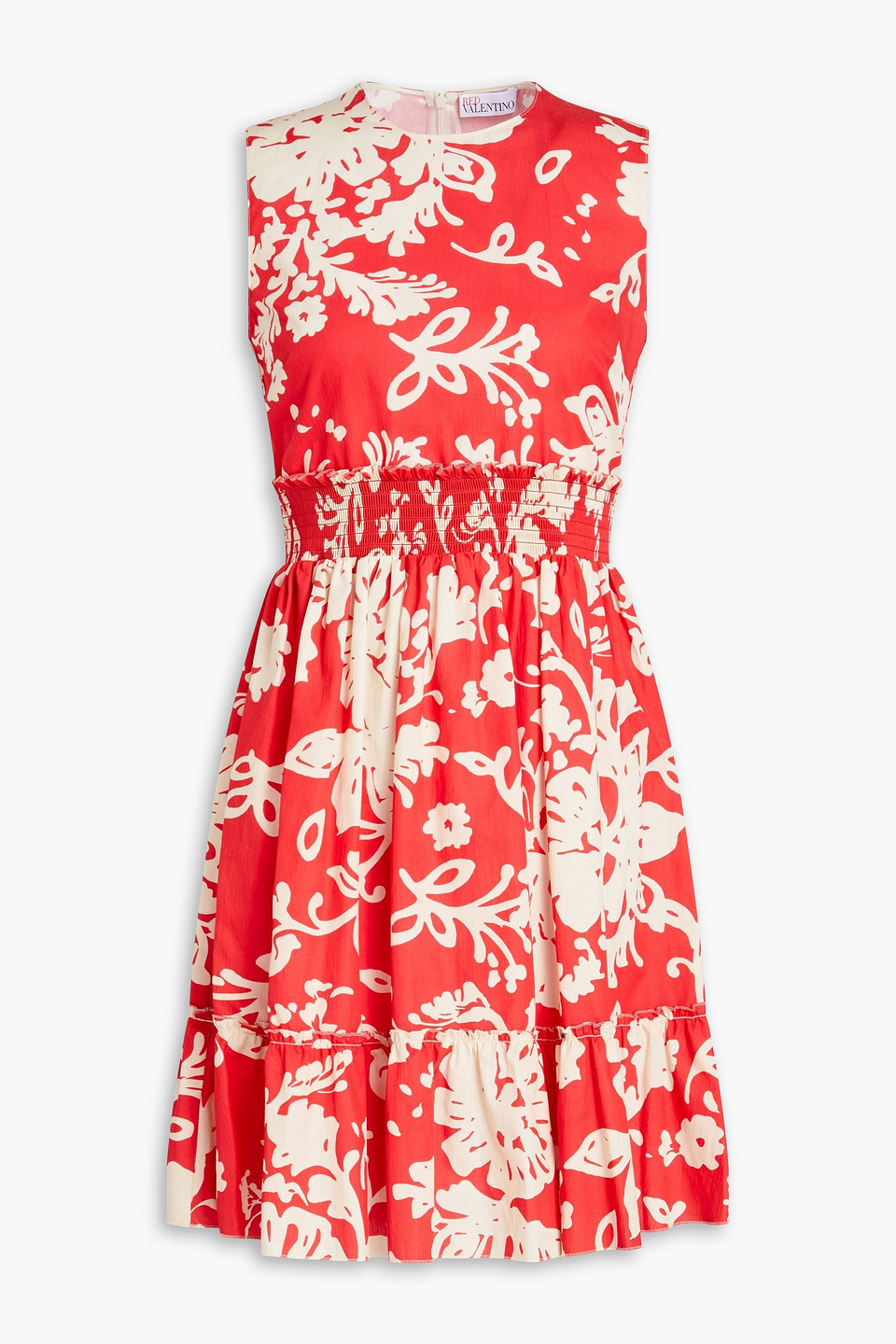Red Valentino Gathered Printed Cotton Mini Dress In Papaya