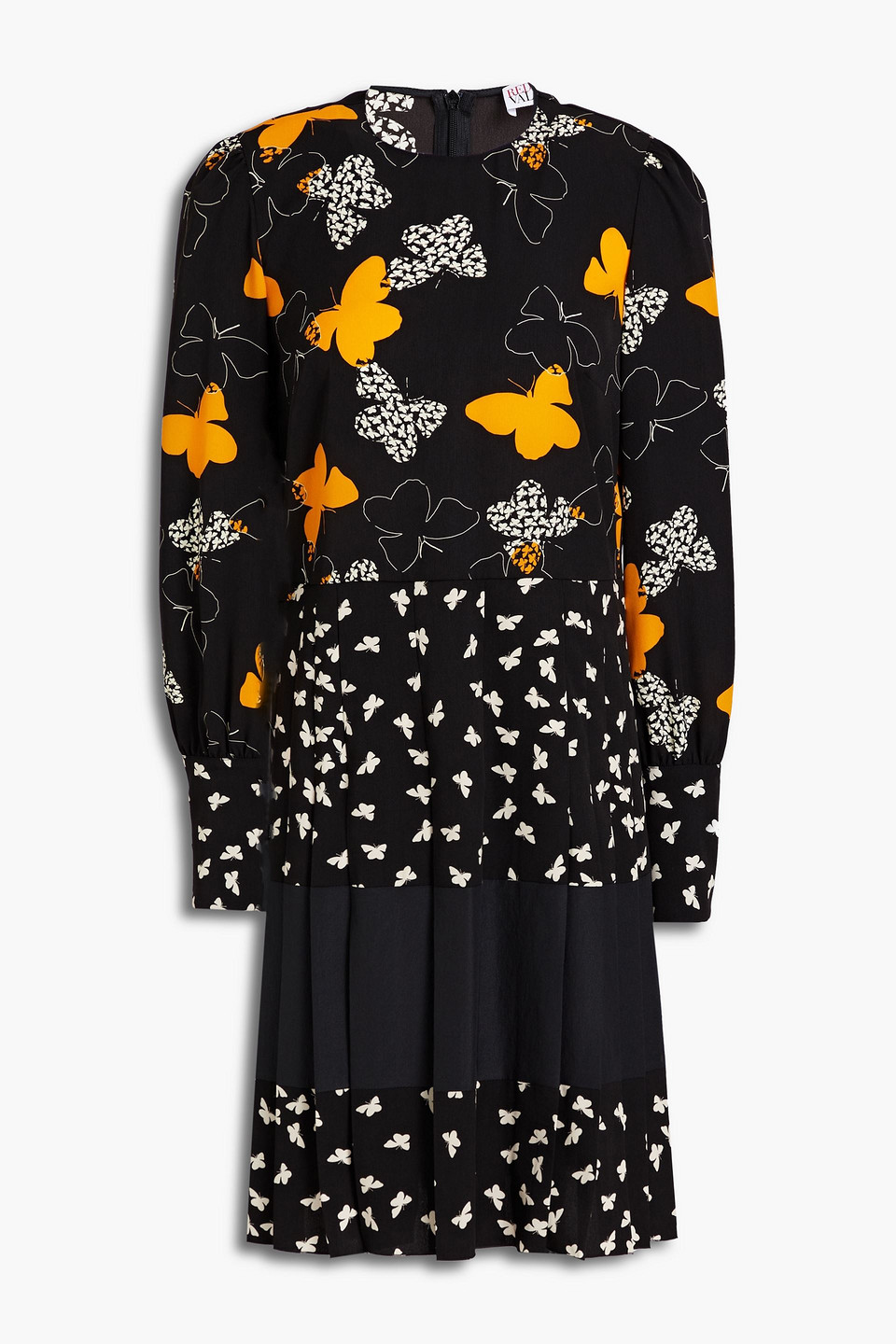 Red Valentino Pleated Printed Crepe Mini Dress In Black