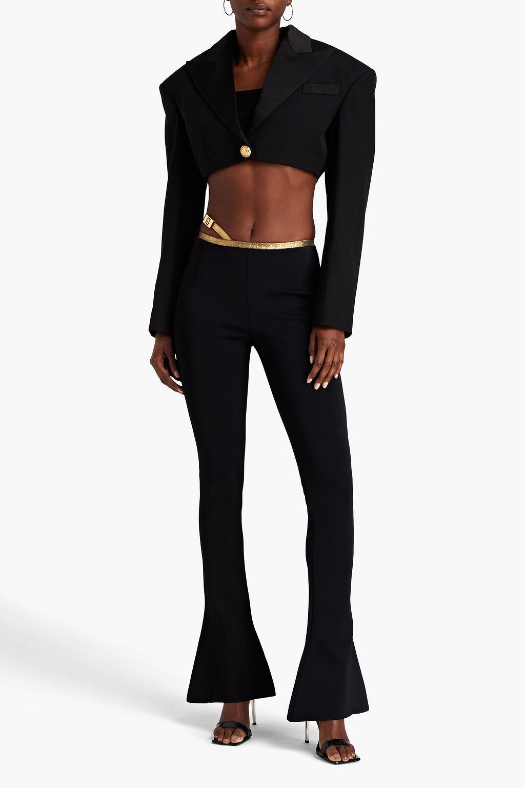BALMAIN 메탈릭 트리밍 스트레치 니트 플레어 팬츠