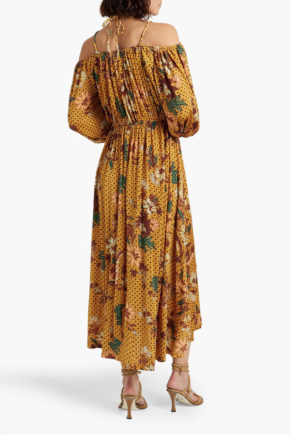 Shop Ulla Johnson Noemi Cold-shoulder Printed Stretch-jersey Midi Dress In Marigold