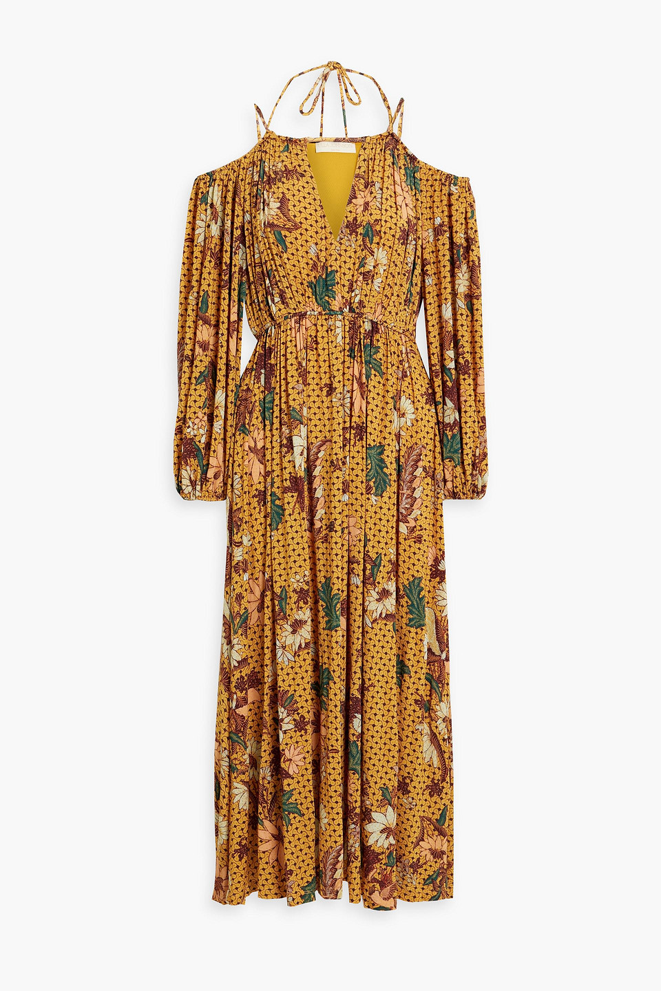 Shop Ulla Johnson Noemi Cold-shoulder Printed Stretch-jersey Midi Dress In Marigold