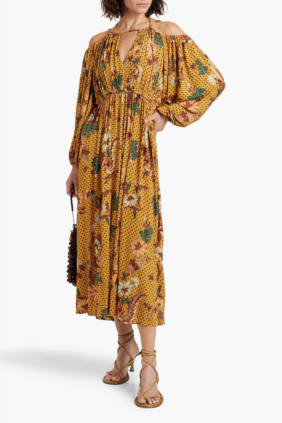 Shop Ulla Johnson Noemi Cold-shoulder Printed Stretch-jersey Midi Dress In Marigold