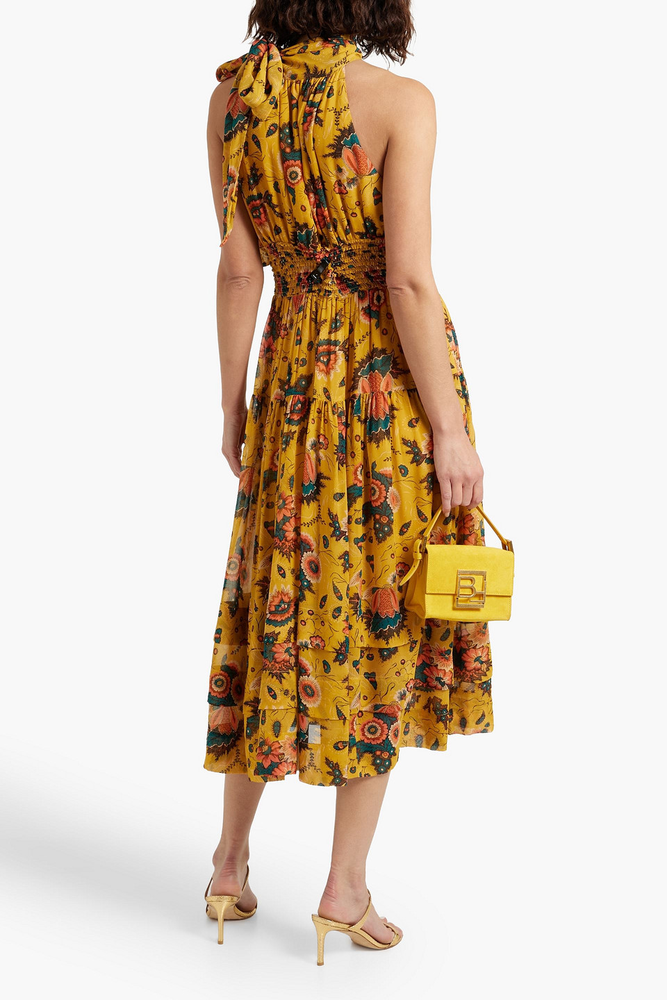 Shop Ulla Johnson Maya Shirred Floral-print Silk-chiffon Midi Dress In Marigold