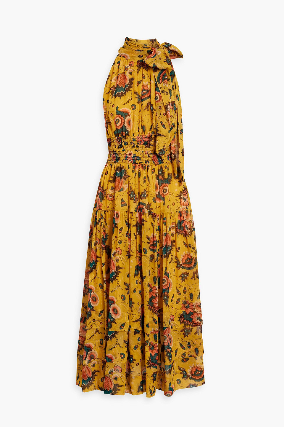 Shop Ulla Johnson Maya Shirred Floral-print Silk-chiffon Midi Dress In Marigold