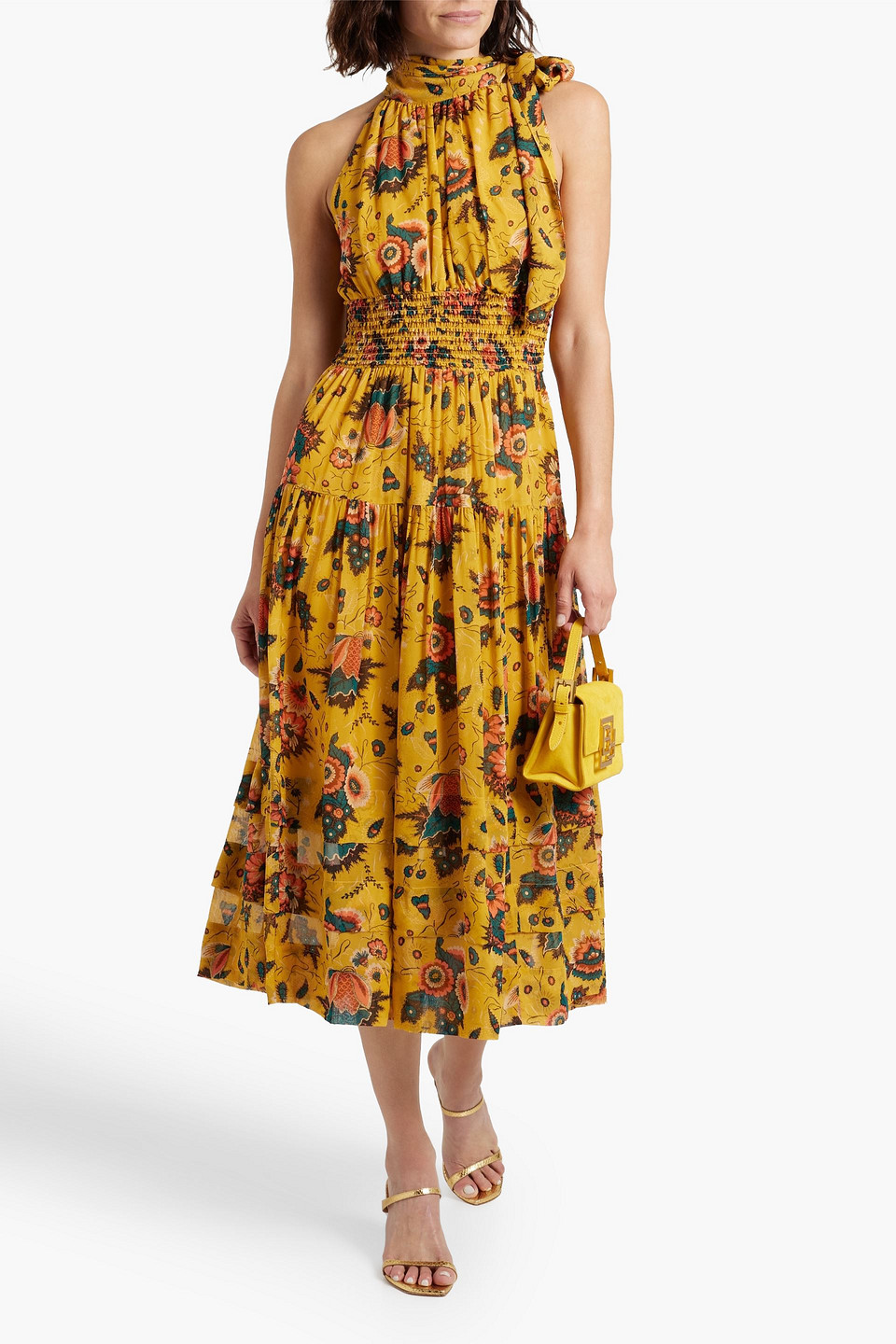 Shop Ulla Johnson Maya Shirred Floral-print Silk-chiffon Midi Dress In Marigold