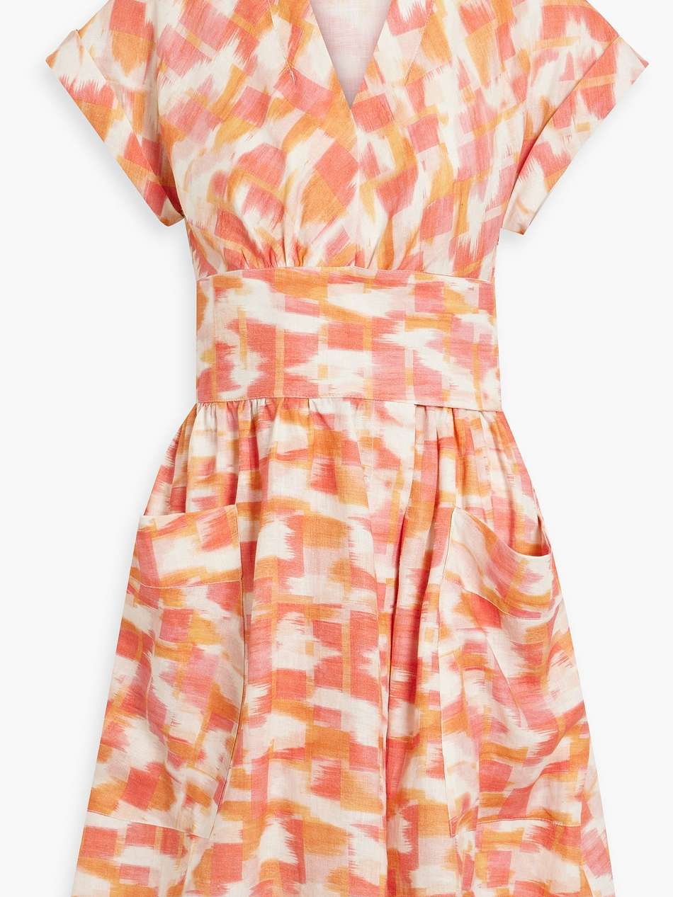 aurora gathered printed linen mini wrap dress