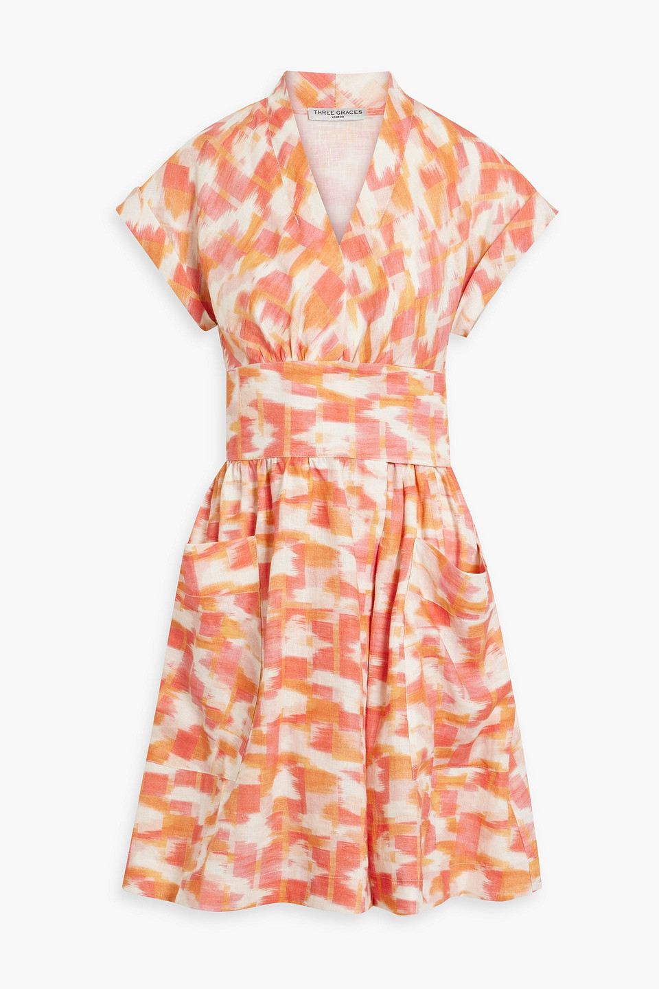 Three Graces London Aurora Gathered Printed Linen Mini Wrap Dress In Orange