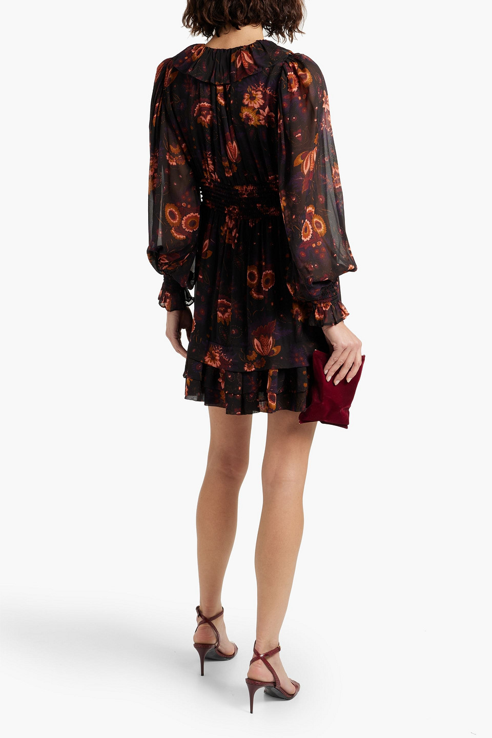 Shop Ulla Johnson Adara Ruffled Floral-print Silk-chiffon Mini Dress In Black