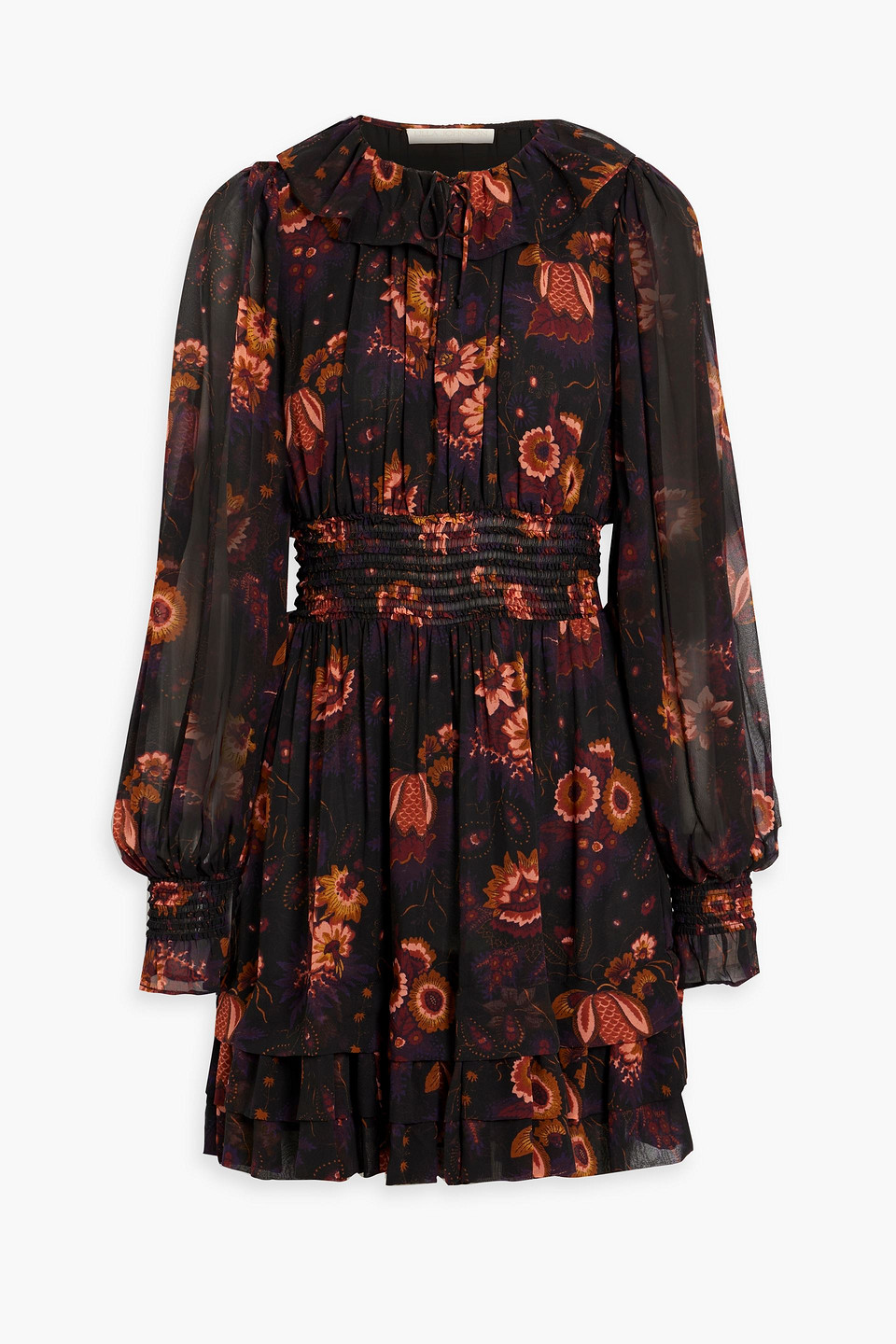 Shop Ulla Johnson Adara Ruffled Floral-print Silk-chiffon Mini Dress In Black