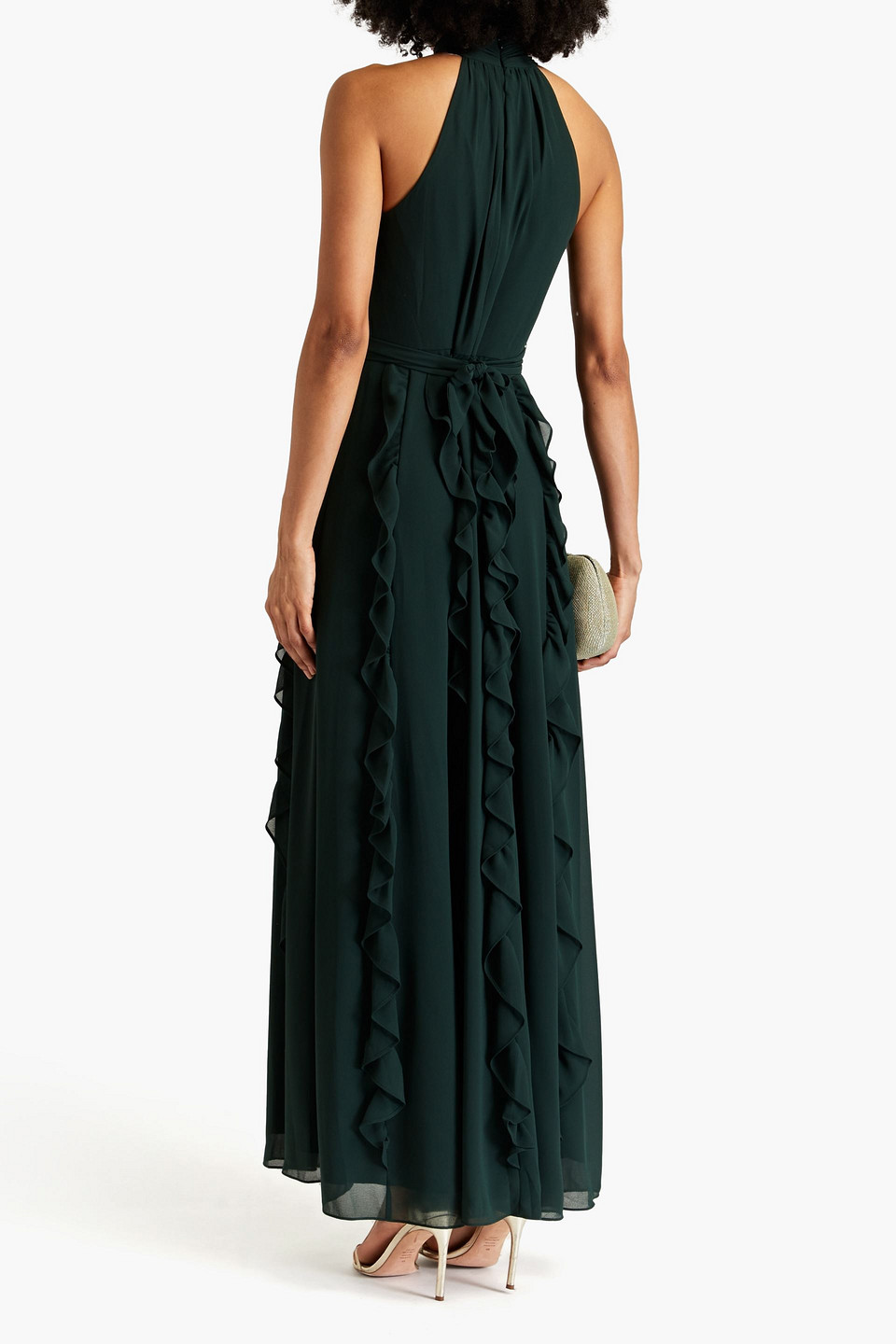 Shop Mikael Aghal Ruffled Georgette Maxi Dress In Emerald