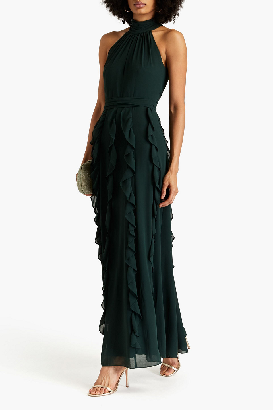 Shop Mikael Aghal Ruffled Georgette Maxi Dress In Emerald