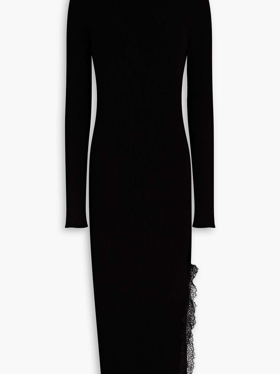 lace-trimmed ribbed-knit turtleneck midi dress