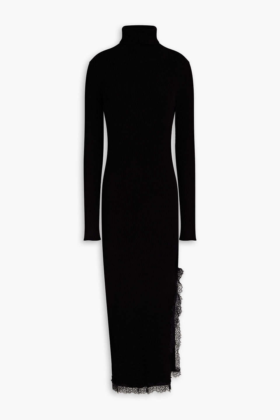 Red Valentino Lace-trimmed Ribbed-knit Turtleneck Midi Dress In Black