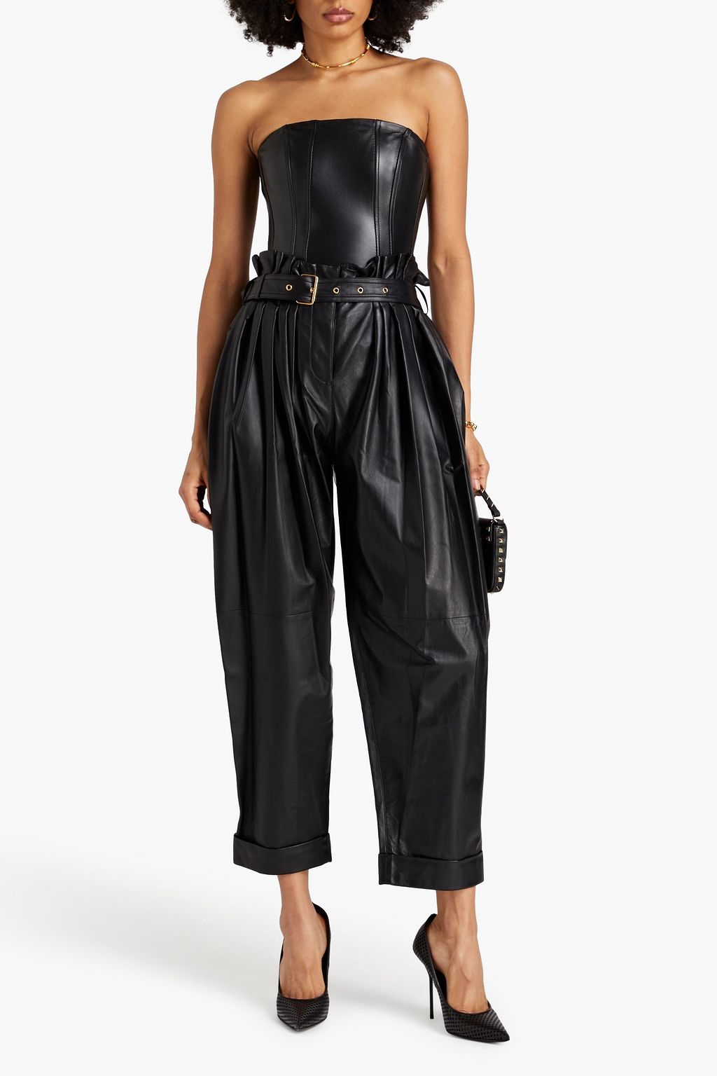 BALMAIN Karottenhose aus Leder mit Falten und Gürtel