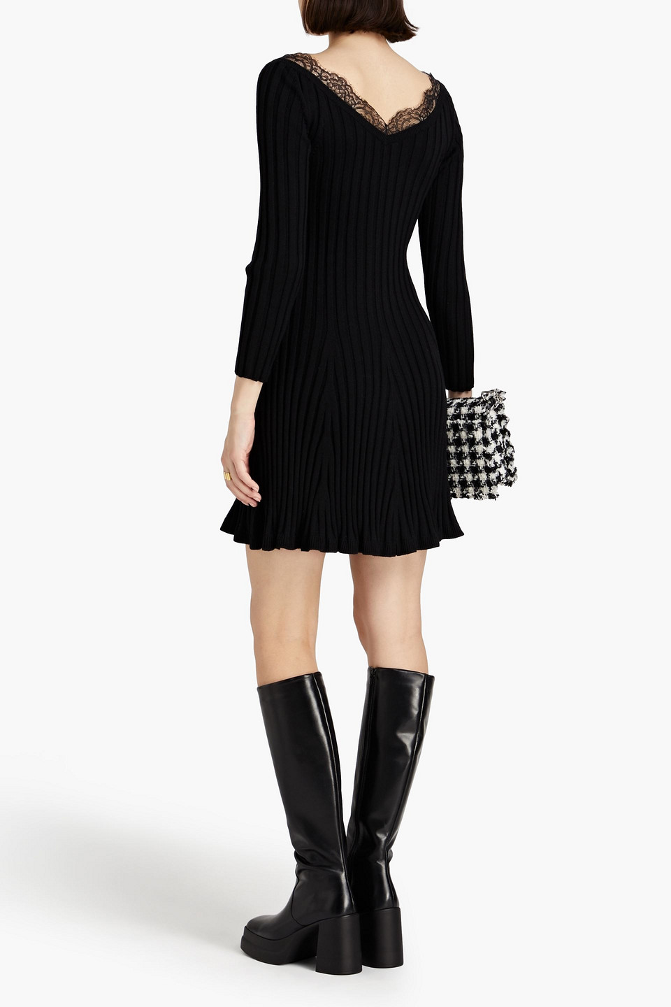 Red Valentino Lace-trimmed Ribbed Wool Mini Dress In Black