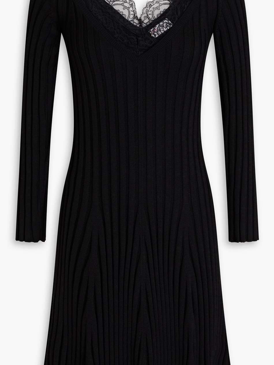 lace-trimmed ribbed wool mini dress
