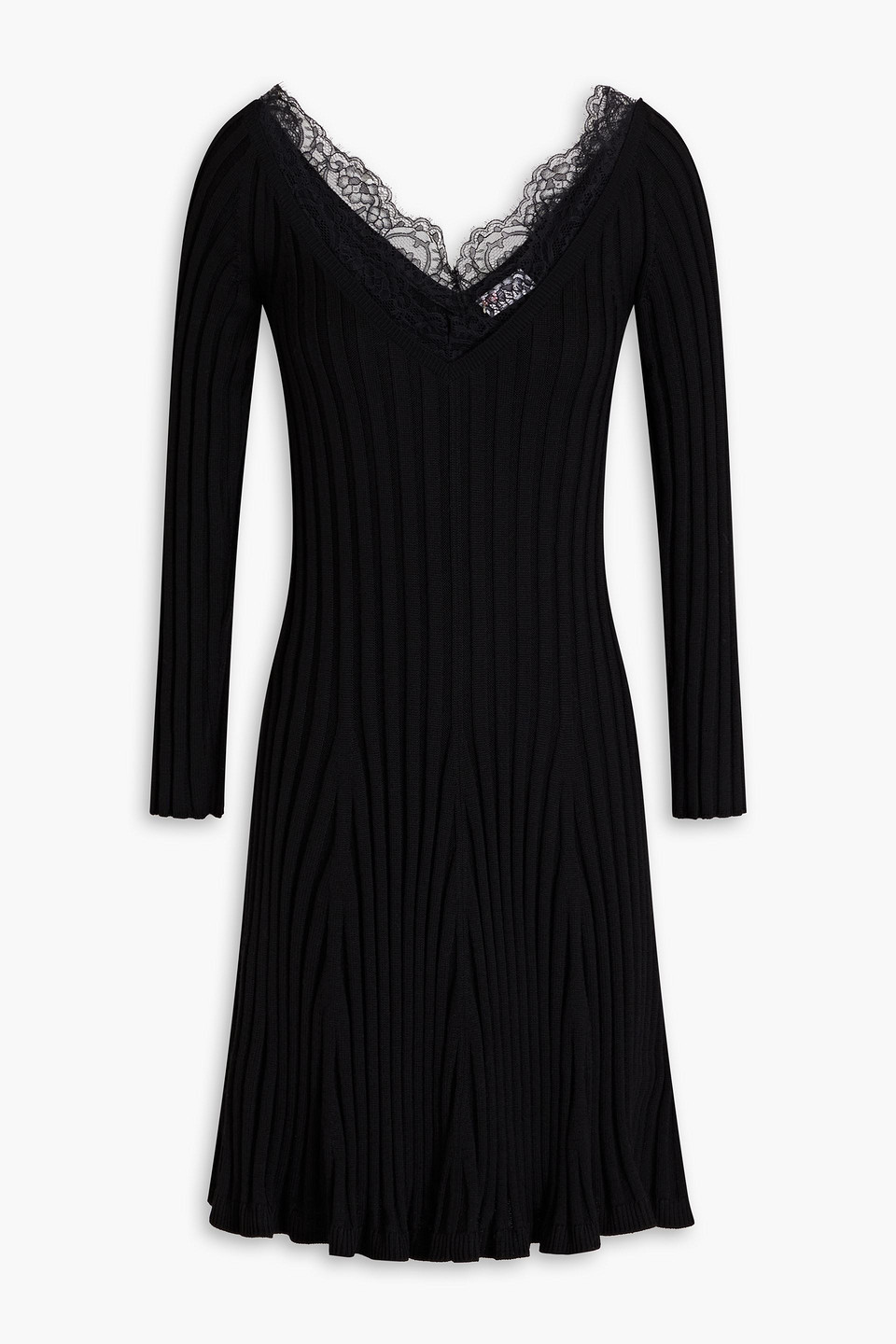 Red Valentino Lace-trimmed Ribbed Wool Mini Dress In Black