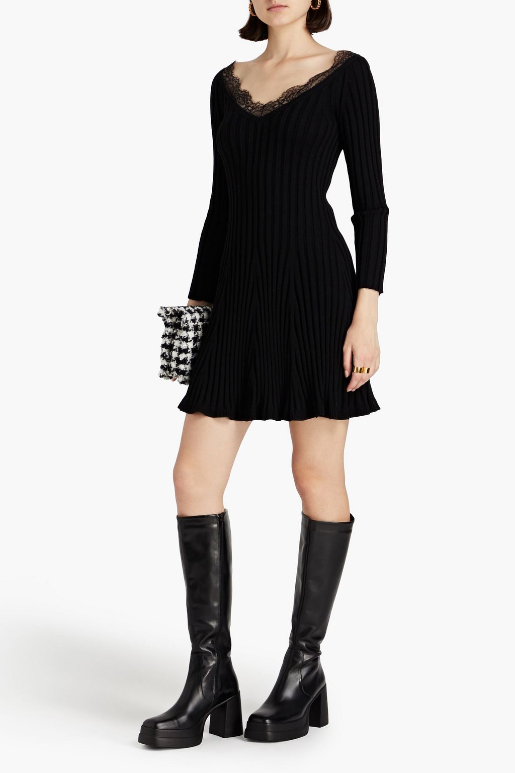 REDVALENTINO リブ編みウール ミニワンピース レーストリム