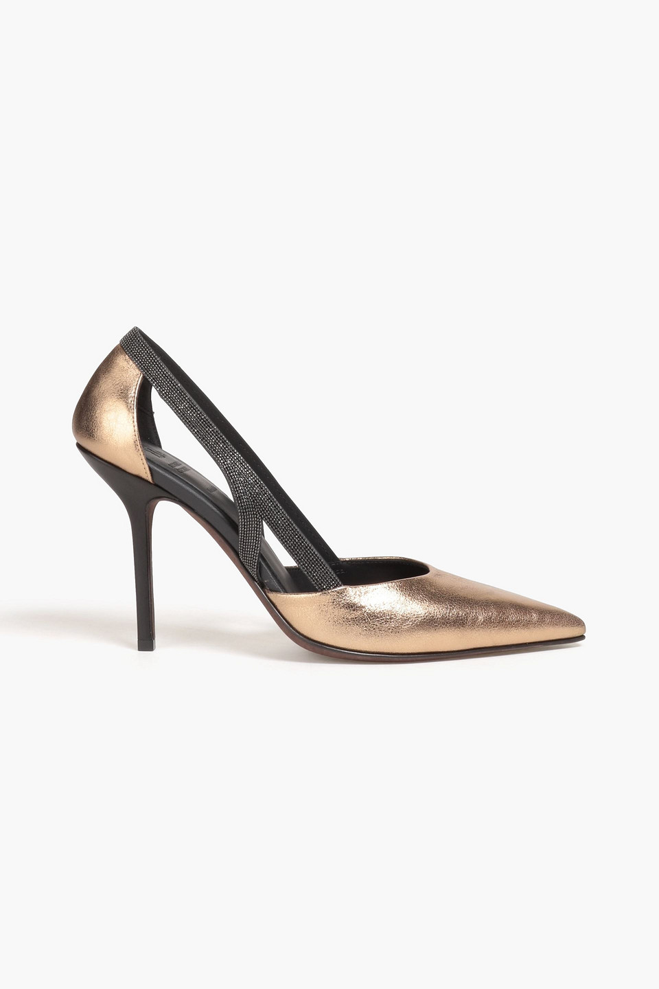 Bead-embellished mirrored-leather pumps