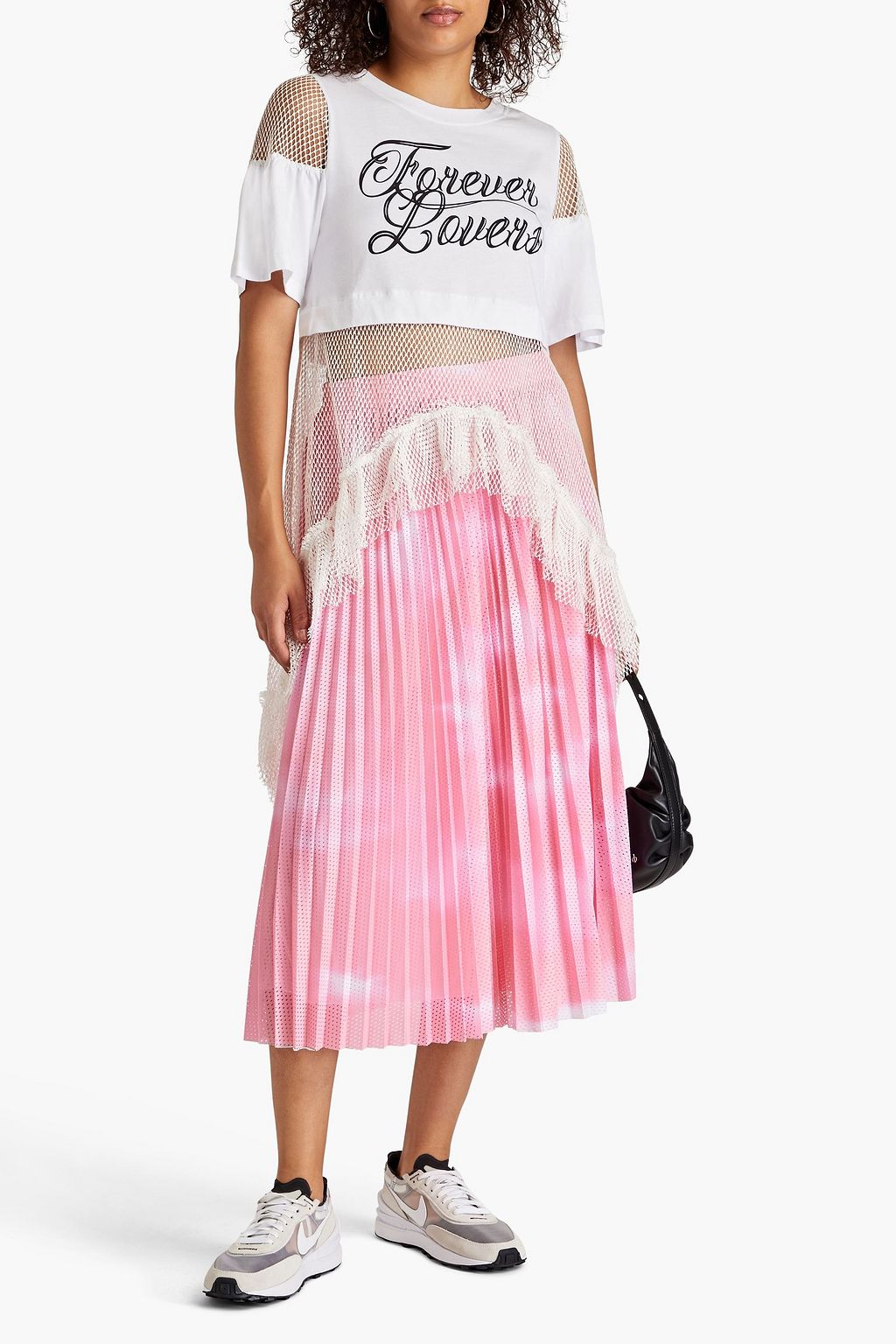 REDVALENTINO تي شيرت مصنوع من الشبك وقطن جيرسي بقصّة غير متماثلة ومزين بطبعات
