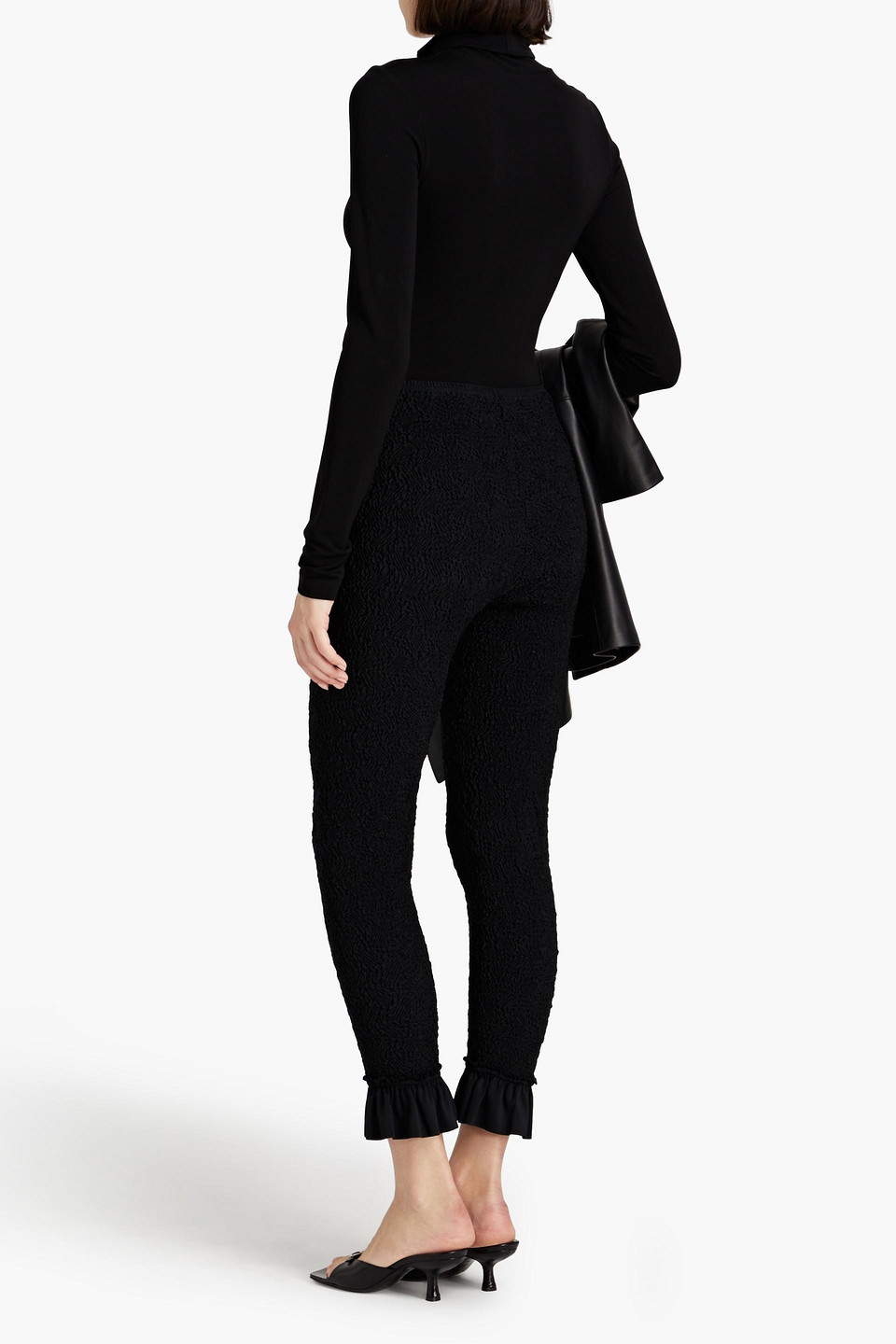 Alexander Wang Ruffled Shirred Satin-jersey Slim-leg Pants In Black