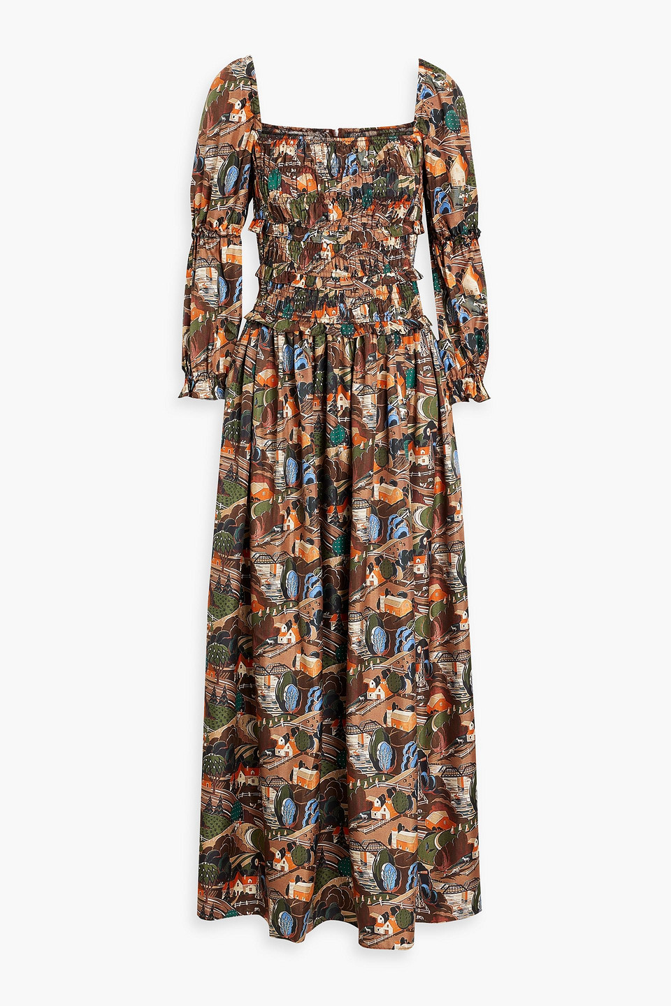 Harper shirred printed silk-twill maxi dress