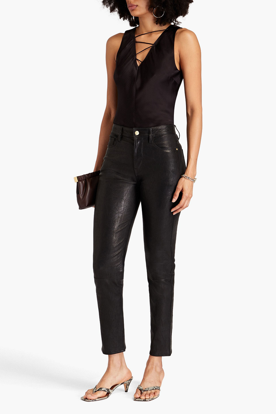 Frame Laced Satin Tank In Black