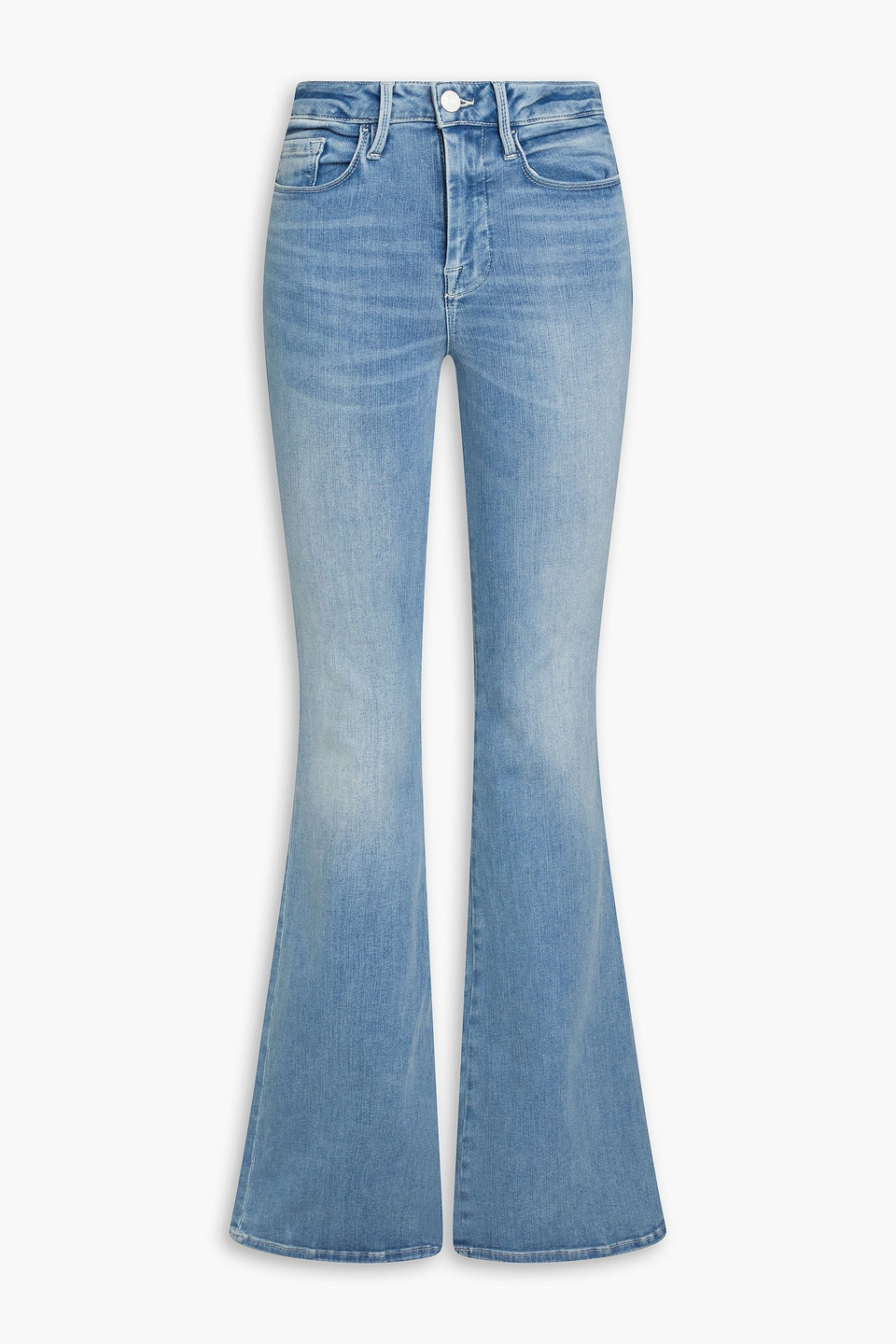 Shop Frame Le One Flare Faded Mid-rise Flared Jeans In Light Blue