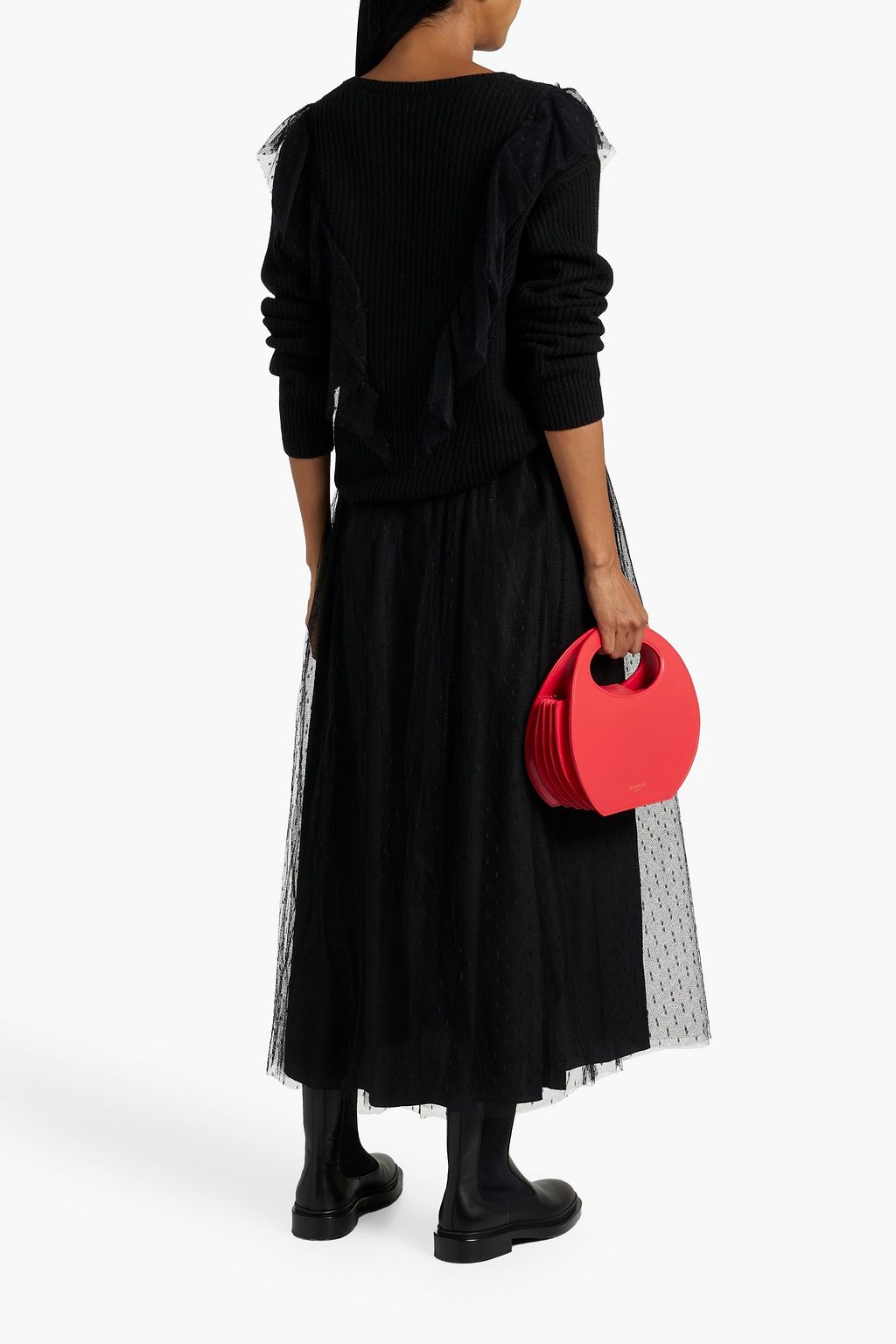 REDVALENTINO Point d'esprit-trimmed ruffled ribbed-knit sweater