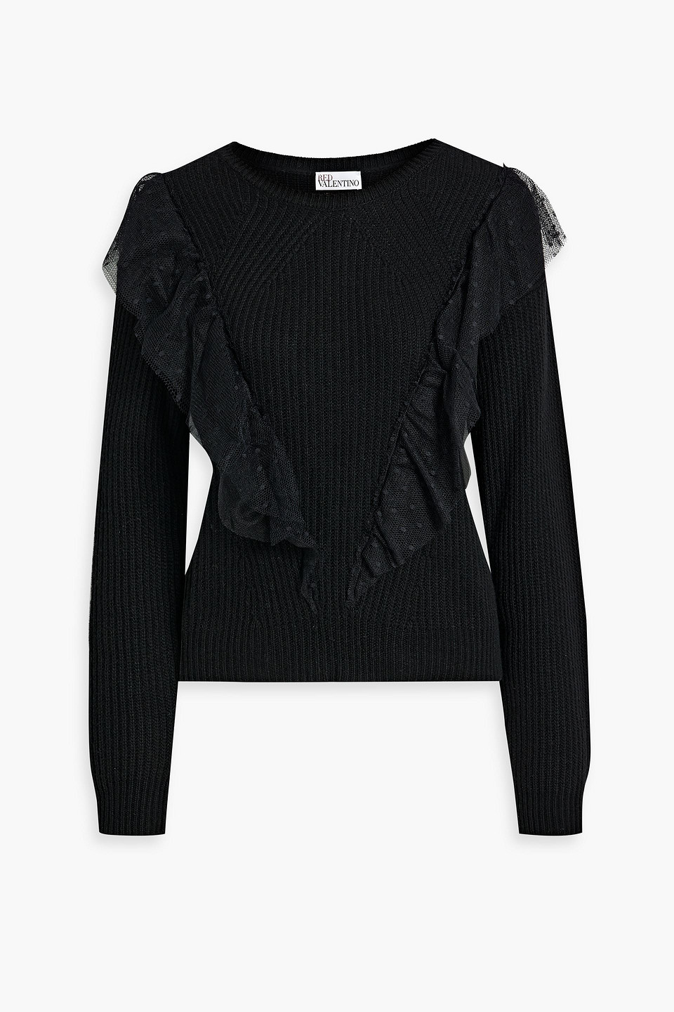Red Valentino Ruffled Ribbed-knit Sweater In Black