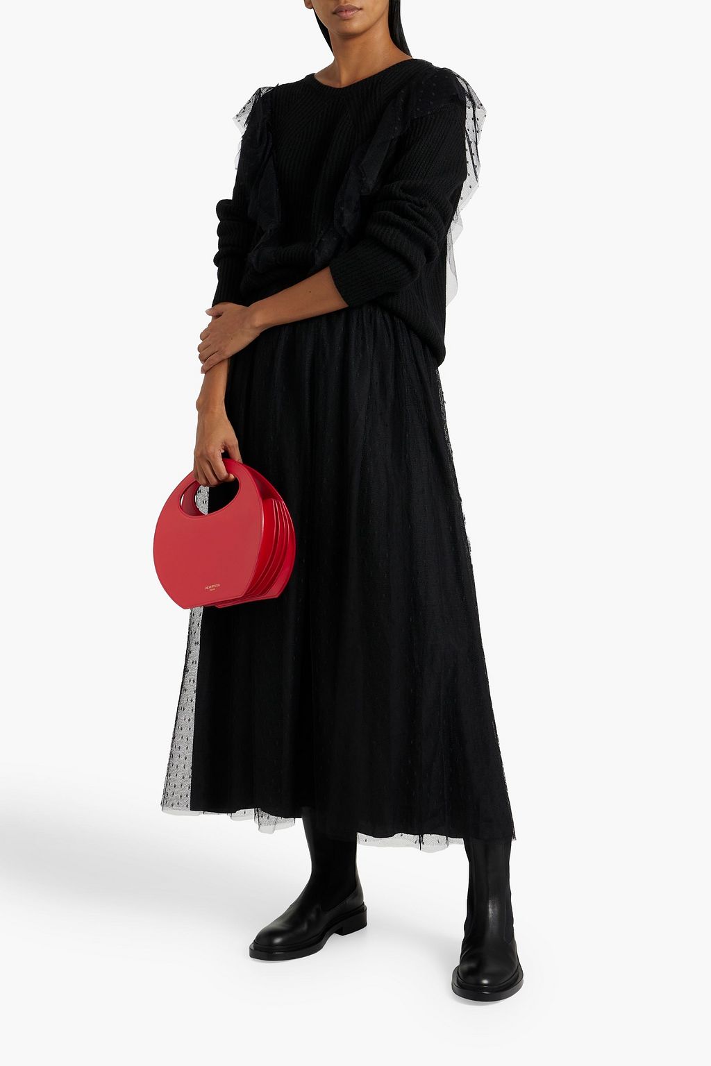 REDVALENTINO Point d'esprit-trimmed ruffled ribbed-knit sweater