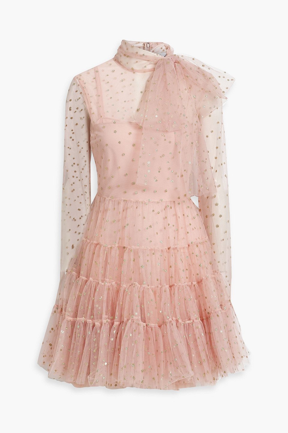 Red Valentino Pussy-bow Ruffled Glittered Tulle Mini Dress In Pastel Pink