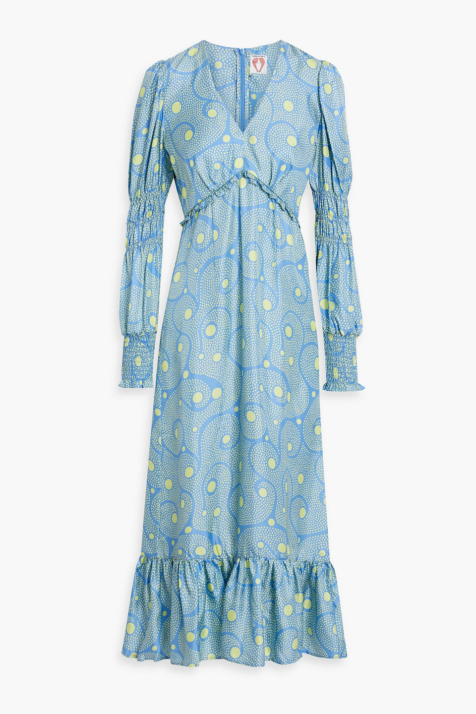 Shrimps Clemente Ruffled Printed Silk-twill Midi Dress In Light Blue