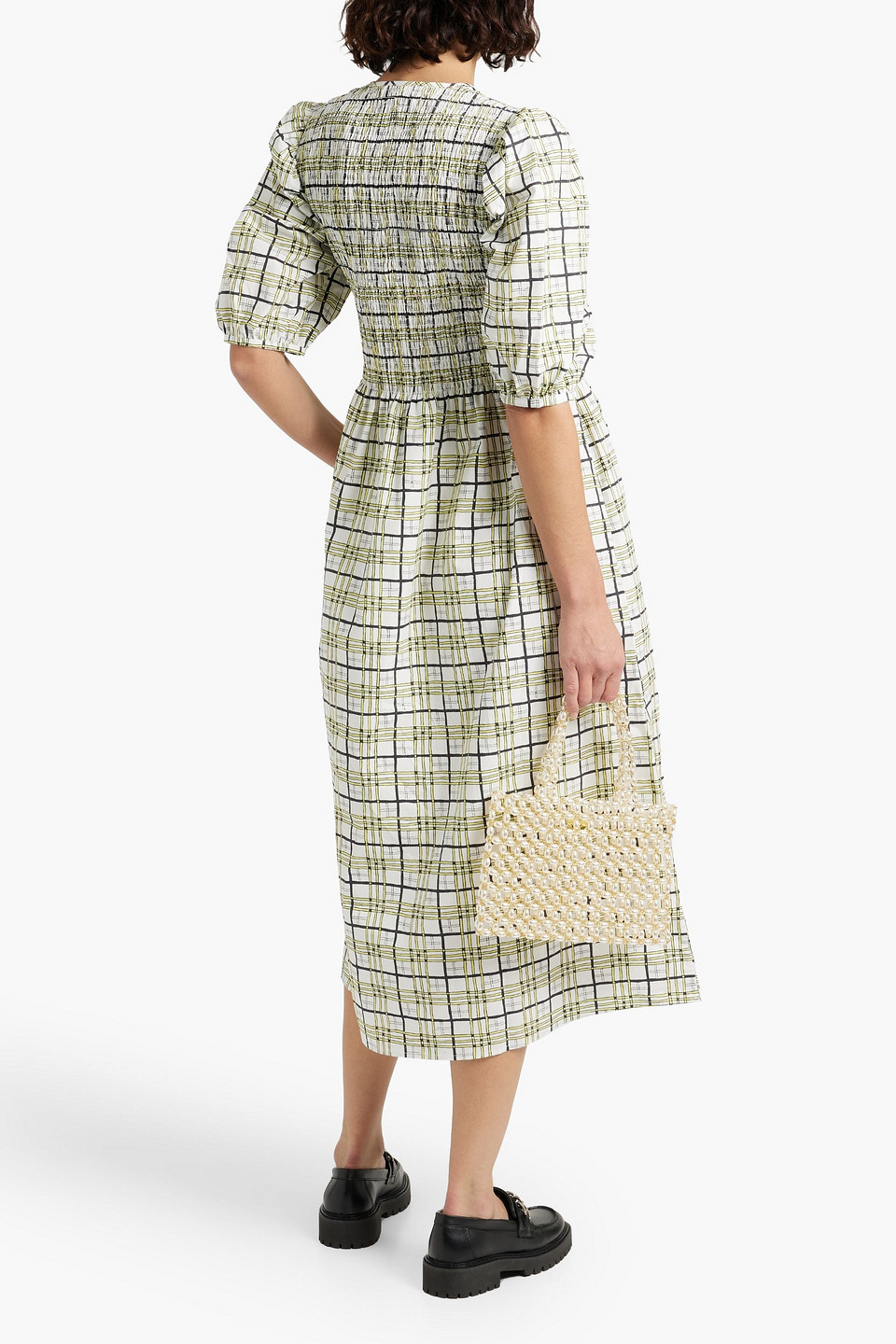 Shop Shrimps Daria Shirred Checked Cotton-poplin Midi Dress In Yellow